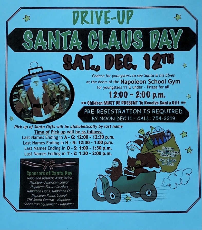 Reminder! Pre-register your child by today at noon for Santa Claus Day tomorrow! Call 701-754-2219