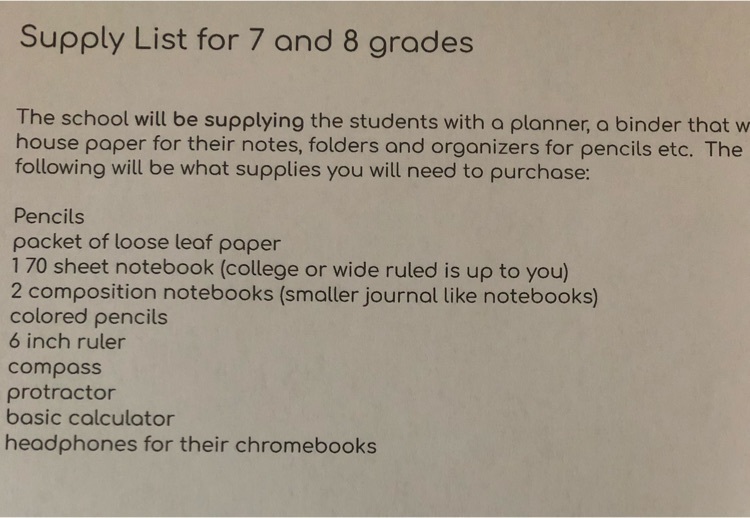 7 and 8 grade supply list